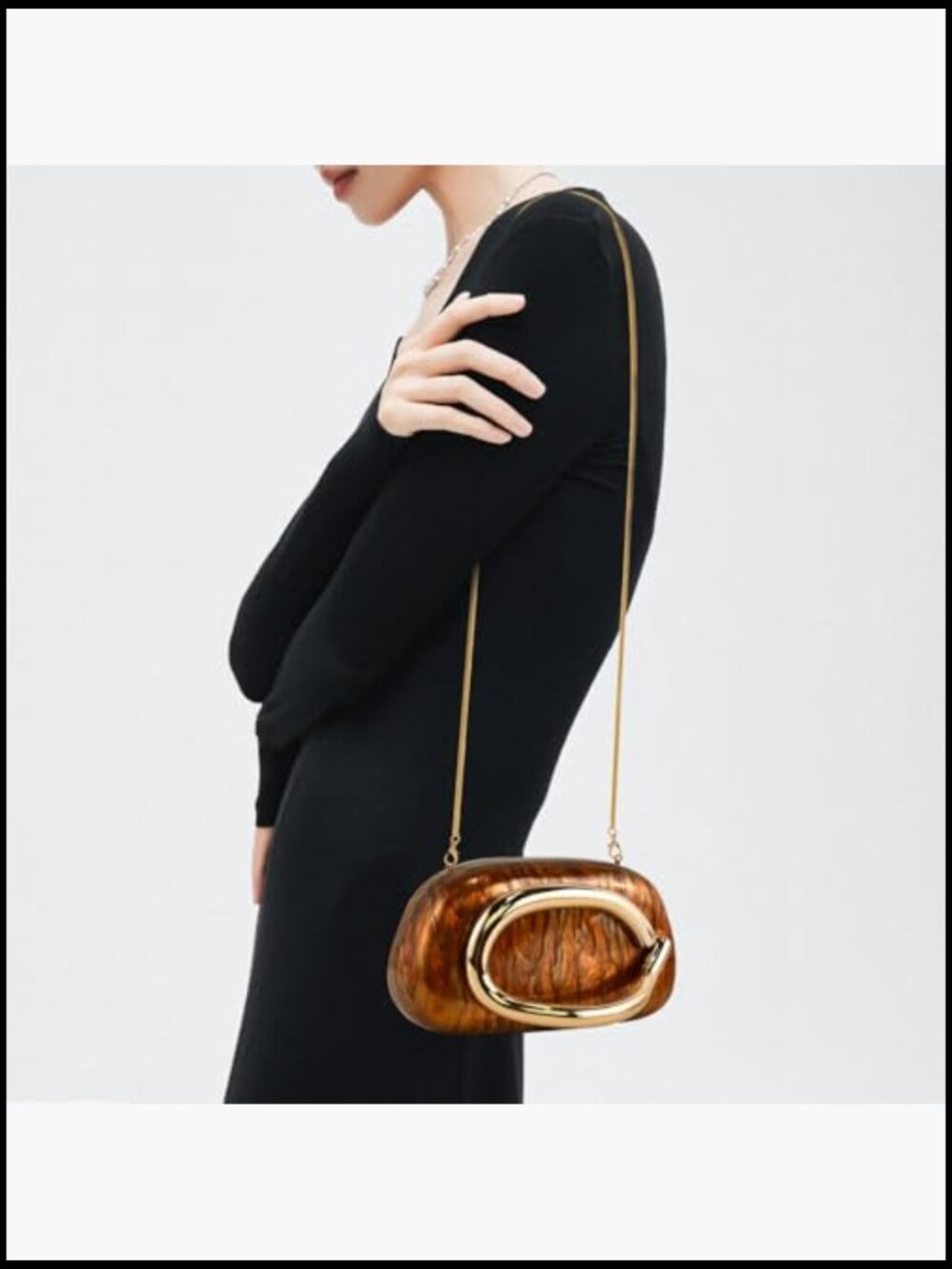 Evening Clutch with Chain Strap Metal Handle Rectangular Shoulder Bag Trendy - Picture 4 of 7